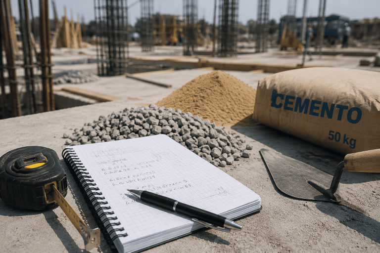 Materiales para calcular una losa de concreto: cemento, arena, grava, cinta métrica y libreta con cálculos