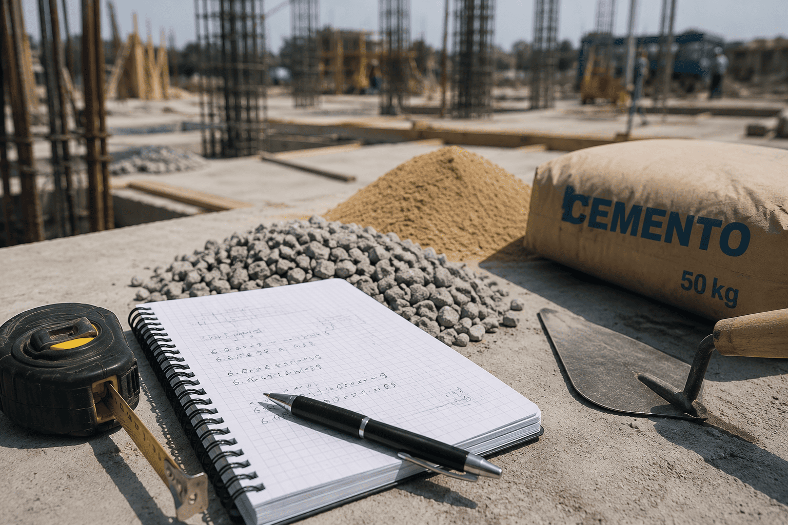 Materiales para calcular una losa de concreto: cemento, arena, grava, cinta métrica y libreta con cálculos en una obra de construcción.