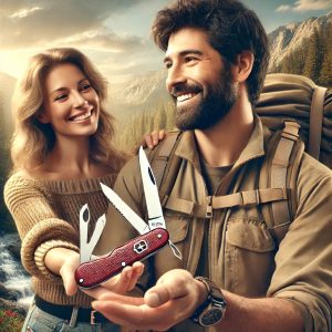 Pareja disfrutando el 14 de Febrero, recibiendo una navaja suiza