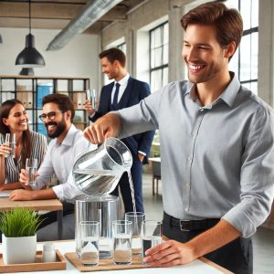 gente alegre bebiendo agua de un filtro