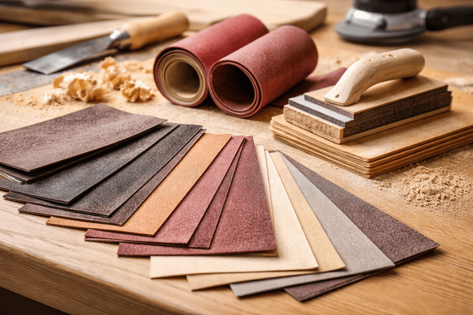Diferentes granos de lija para madera sobre mesa de carpintería para elegir el acabado adecuado