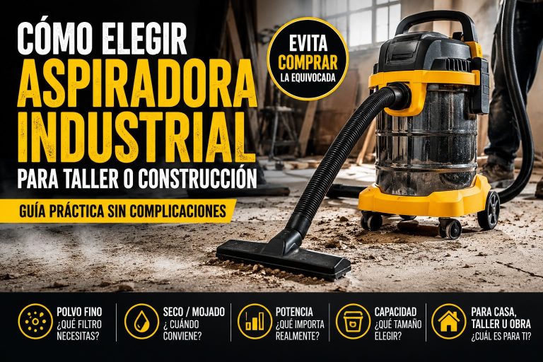 Aspiradora industrial seco mojado para taller y construcción limpiando polvo de obra y residuos pesados.