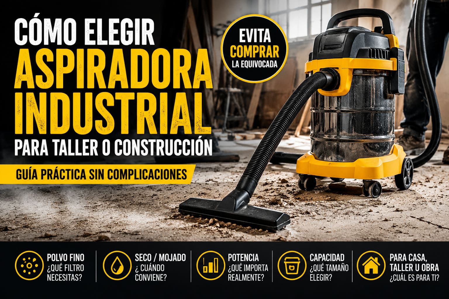 Aspiradora industrial seco mojado para taller y construcción limpiando polvo de obra y residuos pesados.