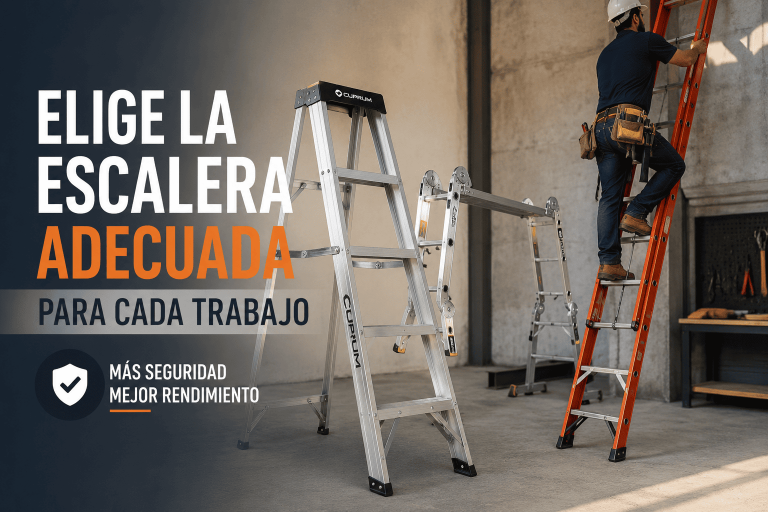 Técnico trabajando en altura con escaleras Cuprum de aluminio y fibra de vidrio para distintos tipos de trabajo