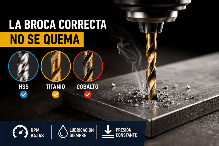 Broca para metal perforando acero inoxidable con humo por fricción y comparación visual entre brocas HSS, titanio y cobalto.
