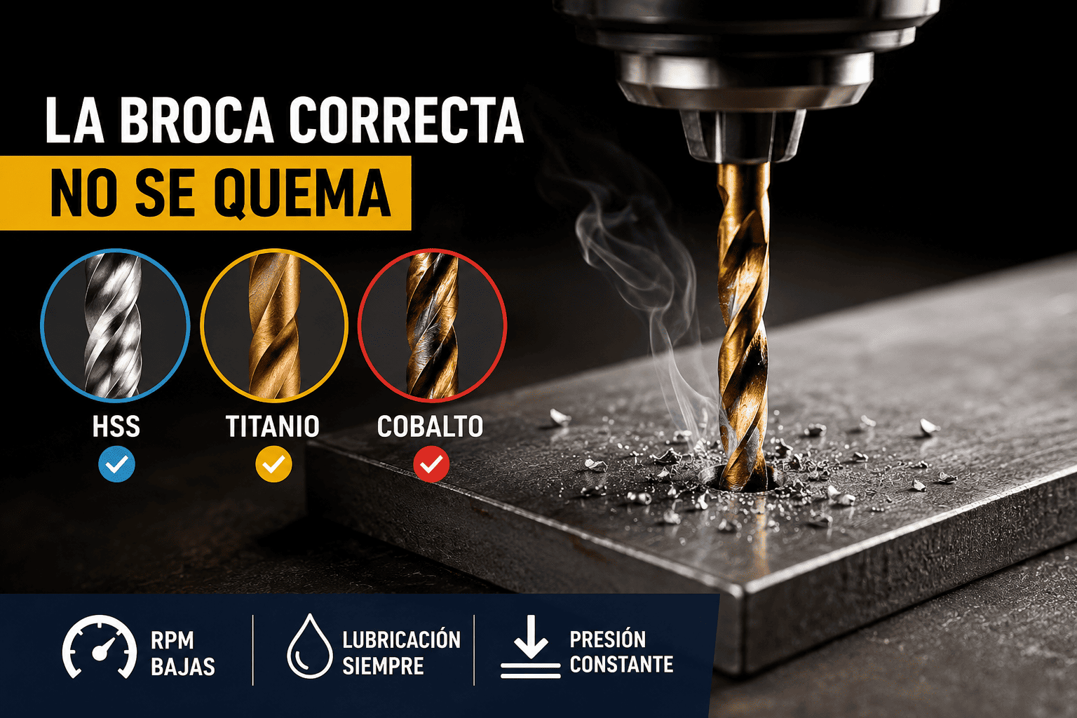 Broca para metal perforando acero inoxidable con humo por fricción y comparación visual entre brocas HSS, titanio y cobalto.