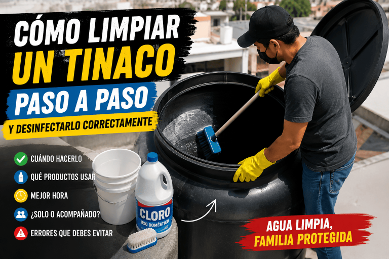 Persona limpiando un tinaco de agua en azotea con cepillo, cloro y guantes para desinfectar correctamente el depósito paso a paso.