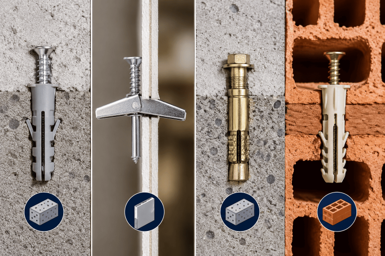 Tipos de taquetes instalados en concreto, tablaroca y ladrillo hueco según el tipo de pared y fijación recomendada.
