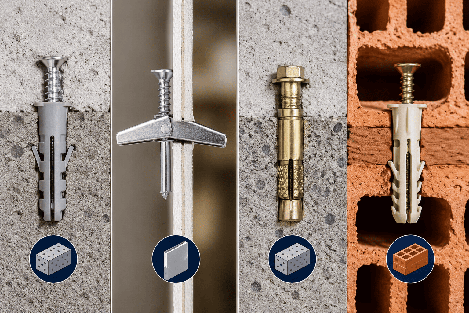 Tipos de taquetes instalados en concreto, tablaroca y ladrillo hueco según el tipo de pared y fijación recomendada.