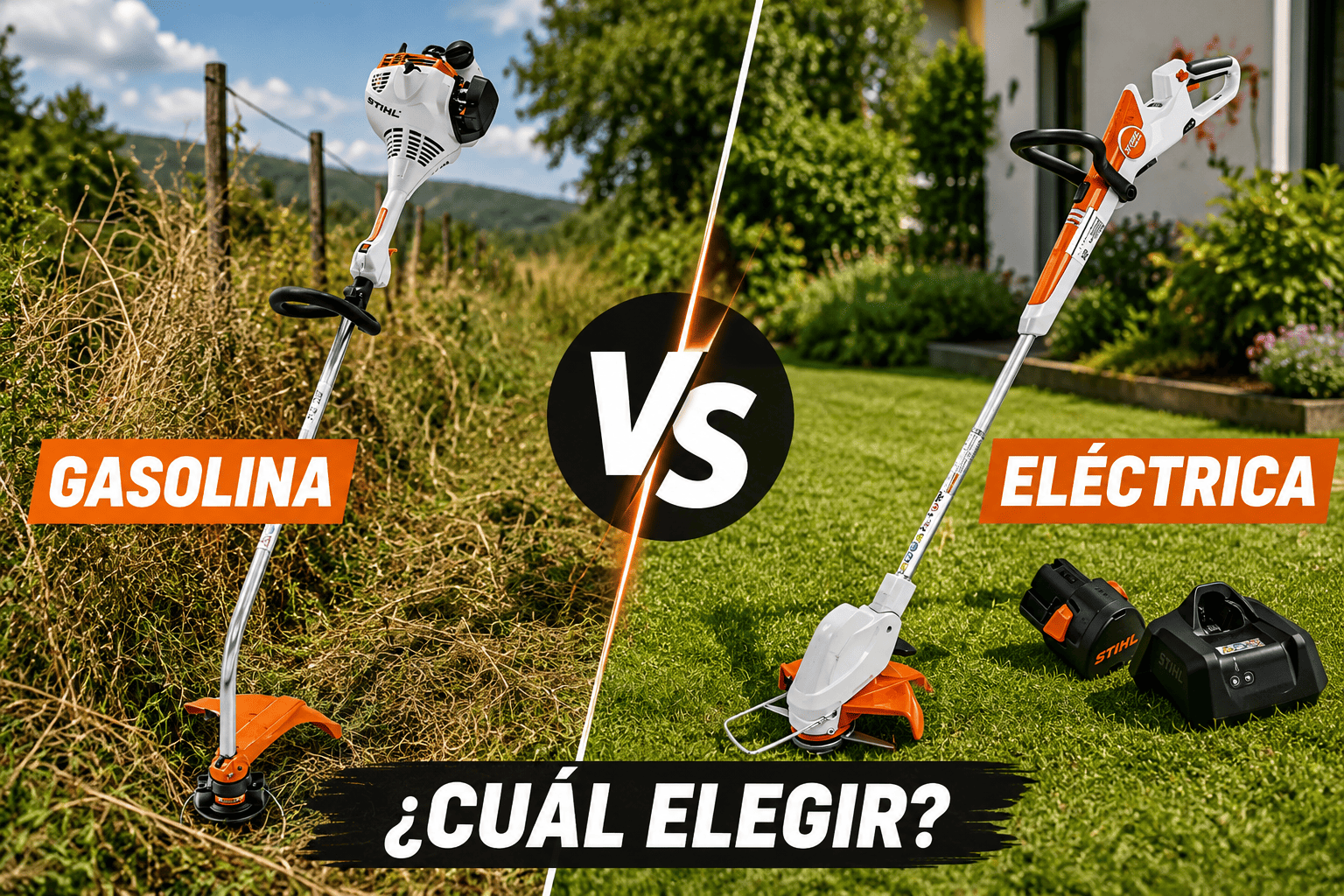 Comparación entre desbrozadora de gasolina y desbrozadora eléctrica para elegir la mejor opción según el tamaño del terreno y tipo de vegetación.