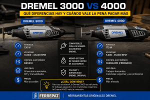 Comparativa entre Dremel 3000 y Dremel 4000 mostrando diferencias de potencia, velocidad, control electrónico y aplicaciones recomendadas.