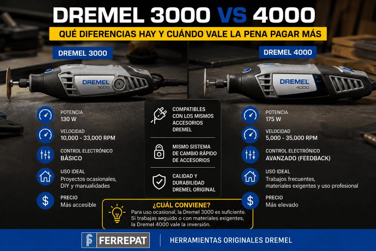 Comparativa entre Dremel 3000 y Dremel 4000 mostrando diferencias de potencia, velocidad, control electrónico y aplicaciones recomendadas.
