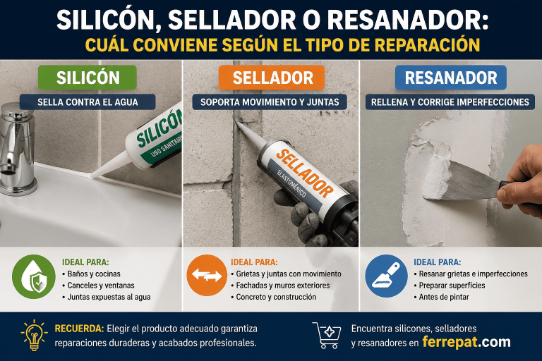 Diferencia entre silicón, sellador y resanador según el tipo de reparación en construcción y mantenimiento