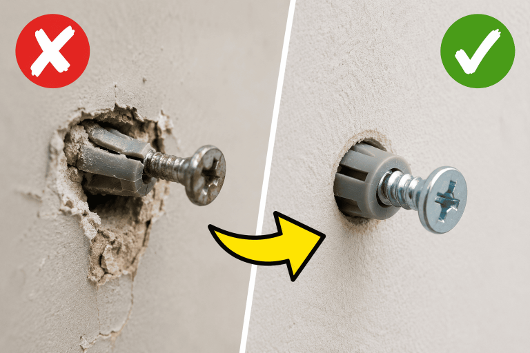 Taquete aflojado en una pared frente a una instalación correcta con tornillo y anclaje bien fijados.