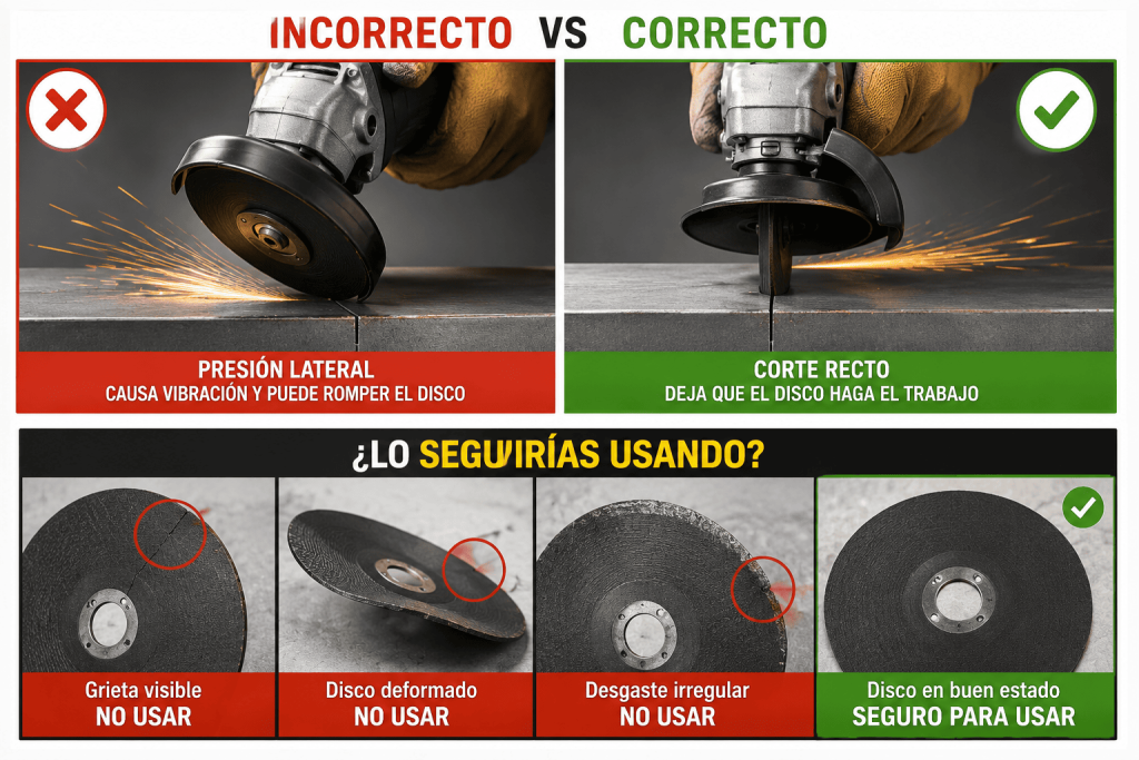 Por qué se rompen los discos de corte: uso incorrecto de una esmeriladora angular frente a la técnica correcta y ejemplos de discos dañados.