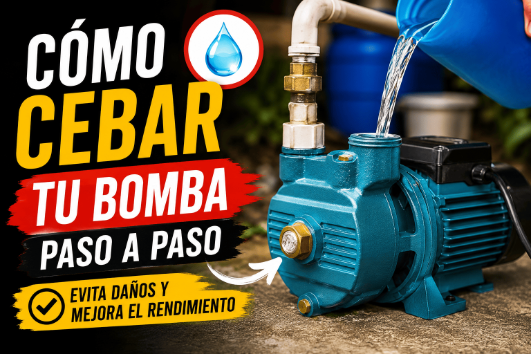 Bomba de agua superficial siendo cebada con agua a través del orificio de llenado antes de su puesta en marcha.