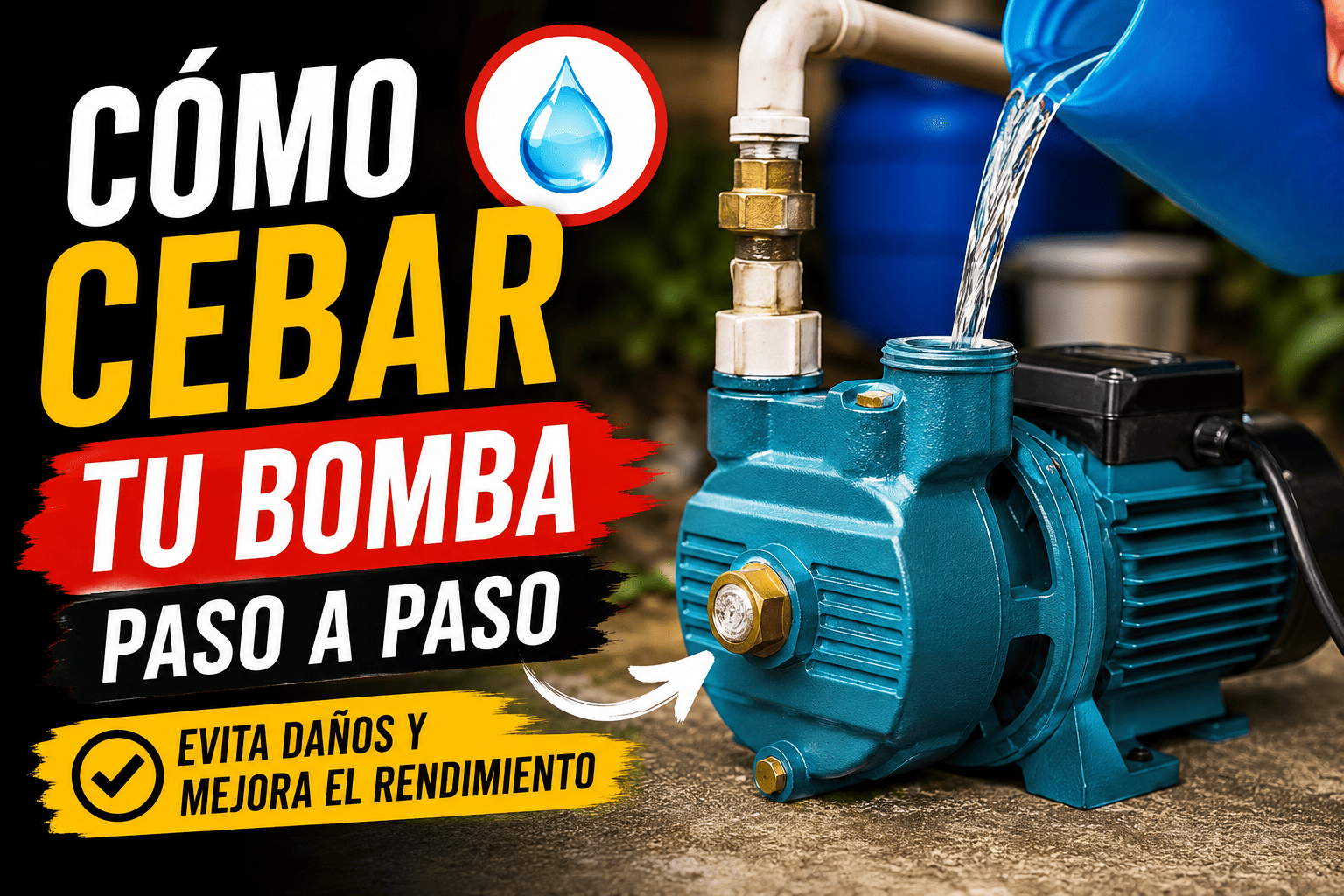 Bomba de agua superficial siendo cebada con agua a través del orificio de llenado antes de su puesta en marcha.