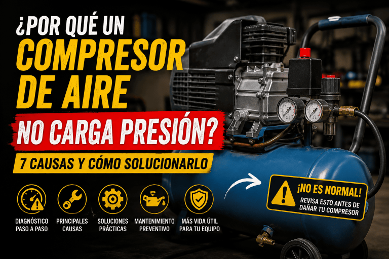 Compresor de aire con manómetros de presión en un taller, utilizado para ilustrar las causas por las que un compresor no carga presión.