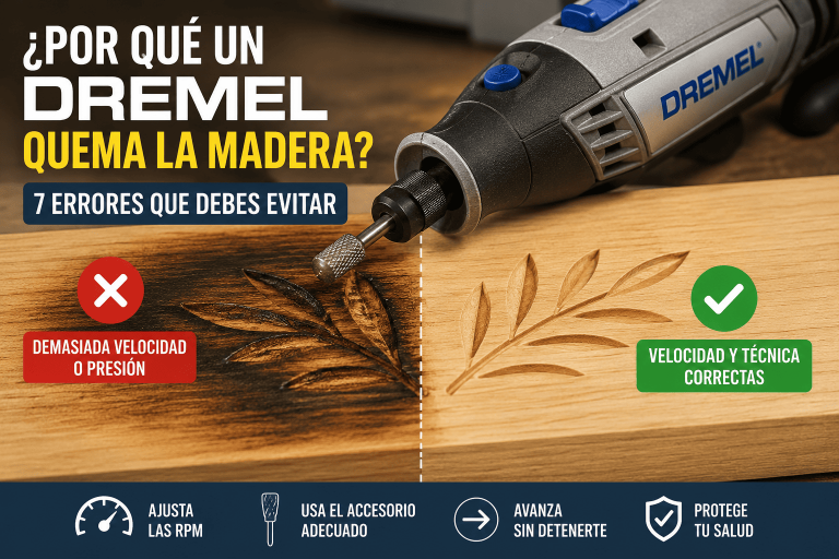 Herramienta rotativa Dremel trabajando sobre madera con marcas oscuras causadas por exceso de fricción