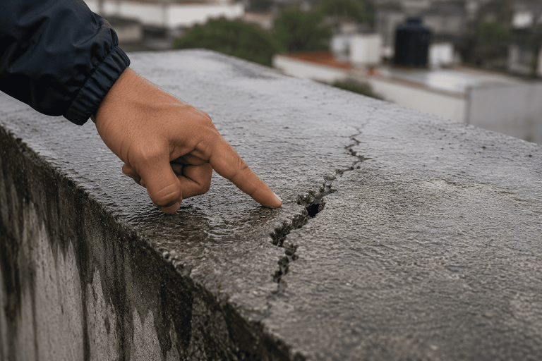 Grieta en una losa de concreto señalada con la mano durante una inspección para localizar una filtración de agua.