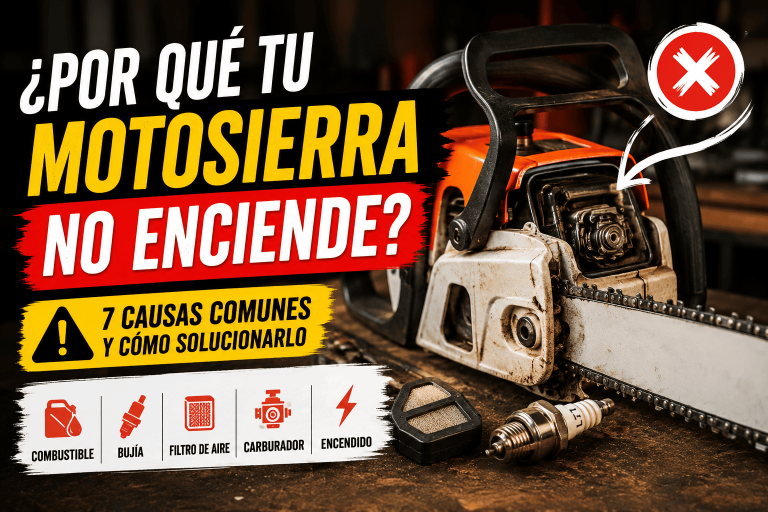 Motosierra de gasolina sobre un banco de trabajo con una bujía y un filtro de aire, ilustrando las causas más comunes por las que una motosierra no enciende.
