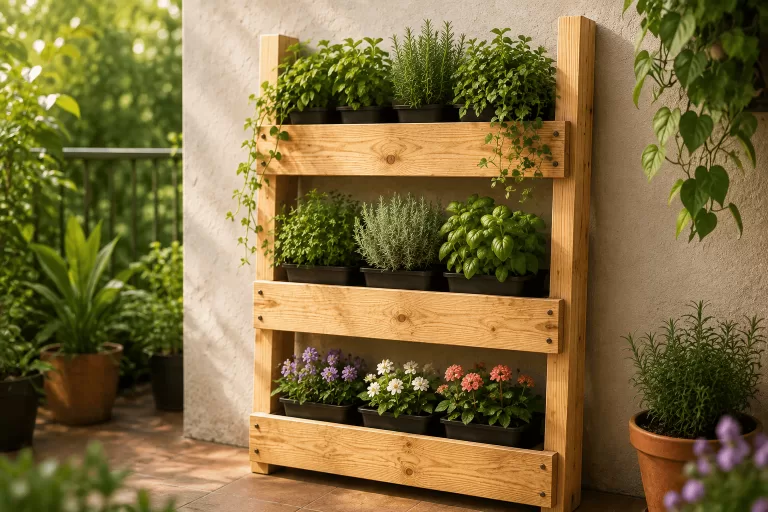 Jardín vertical de madera con tres niveles de macetas para patio o terraza