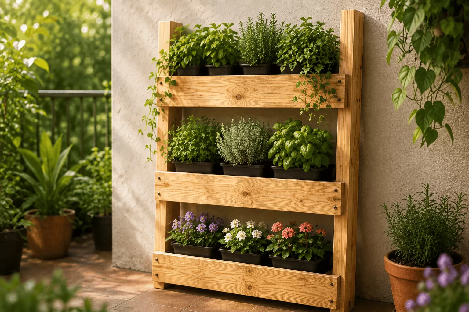 Jardín vertical de madera con tres niveles de macetas para patio o terraza