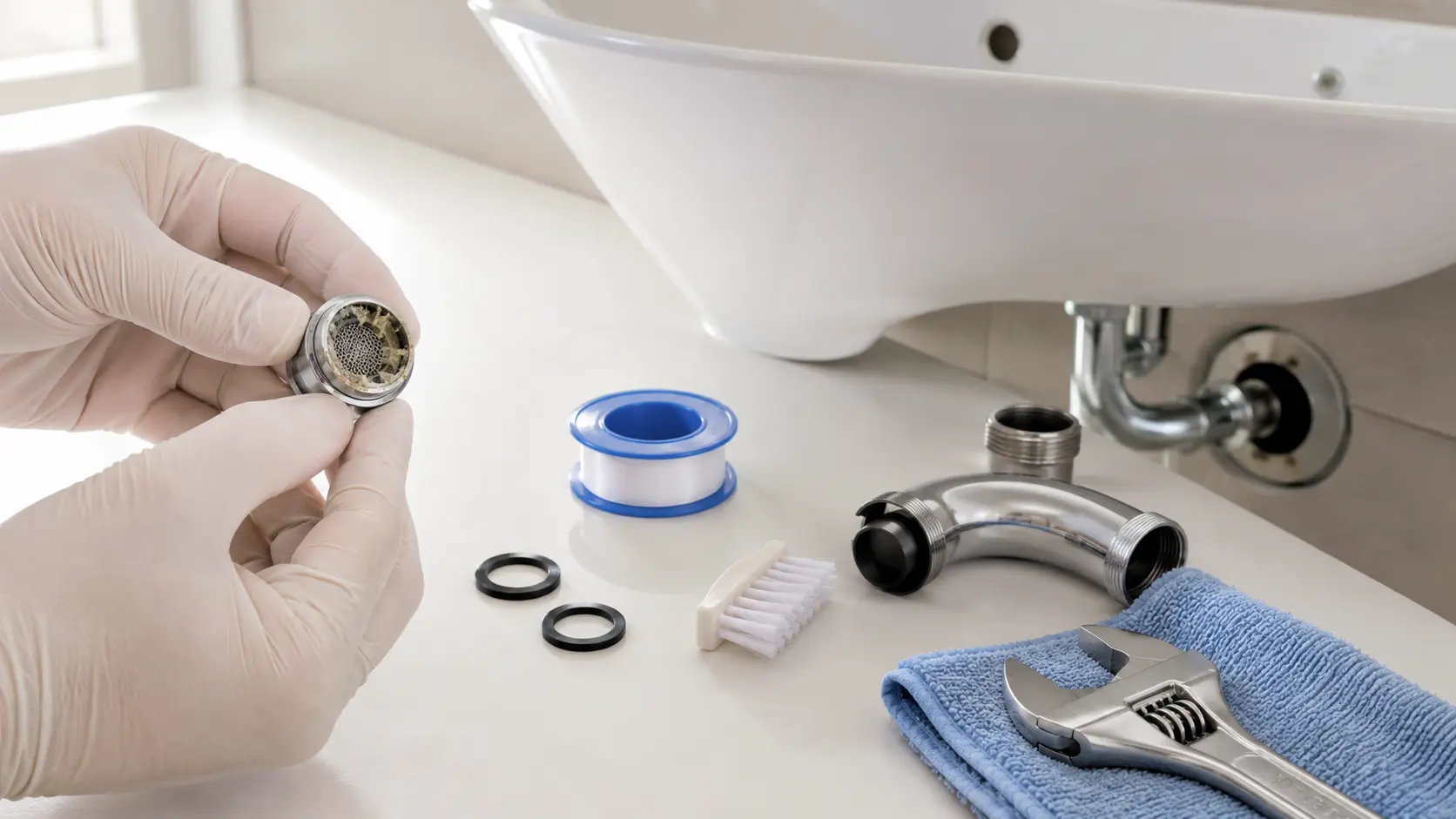 Aireador, empaques y herramientas preparados para dar mantenimiento a un lavabo
