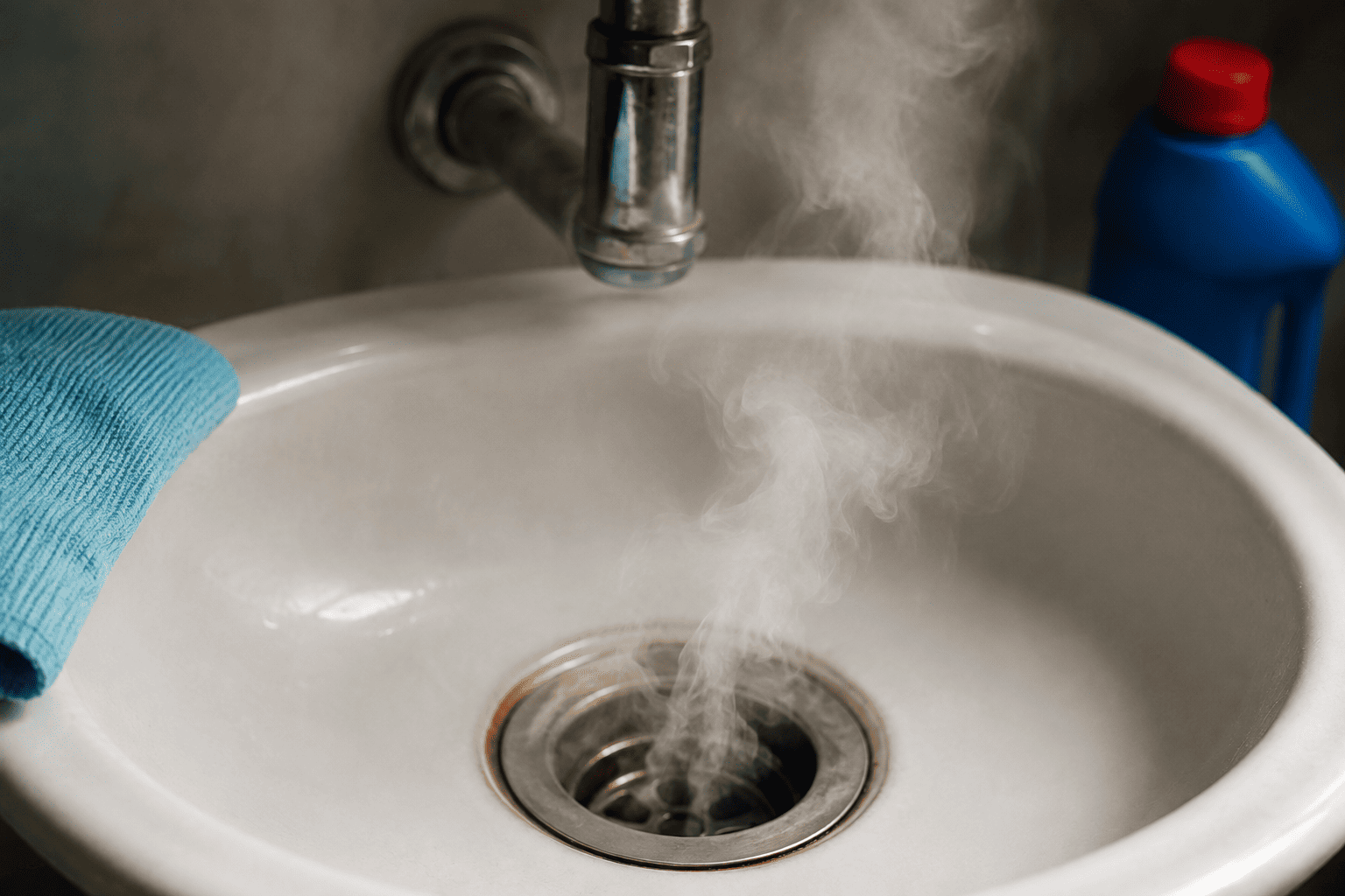 Lavabo con drenaje del que sale vapor, representando los malos olores en las tuberías y cómo identificarlos en el hogar.