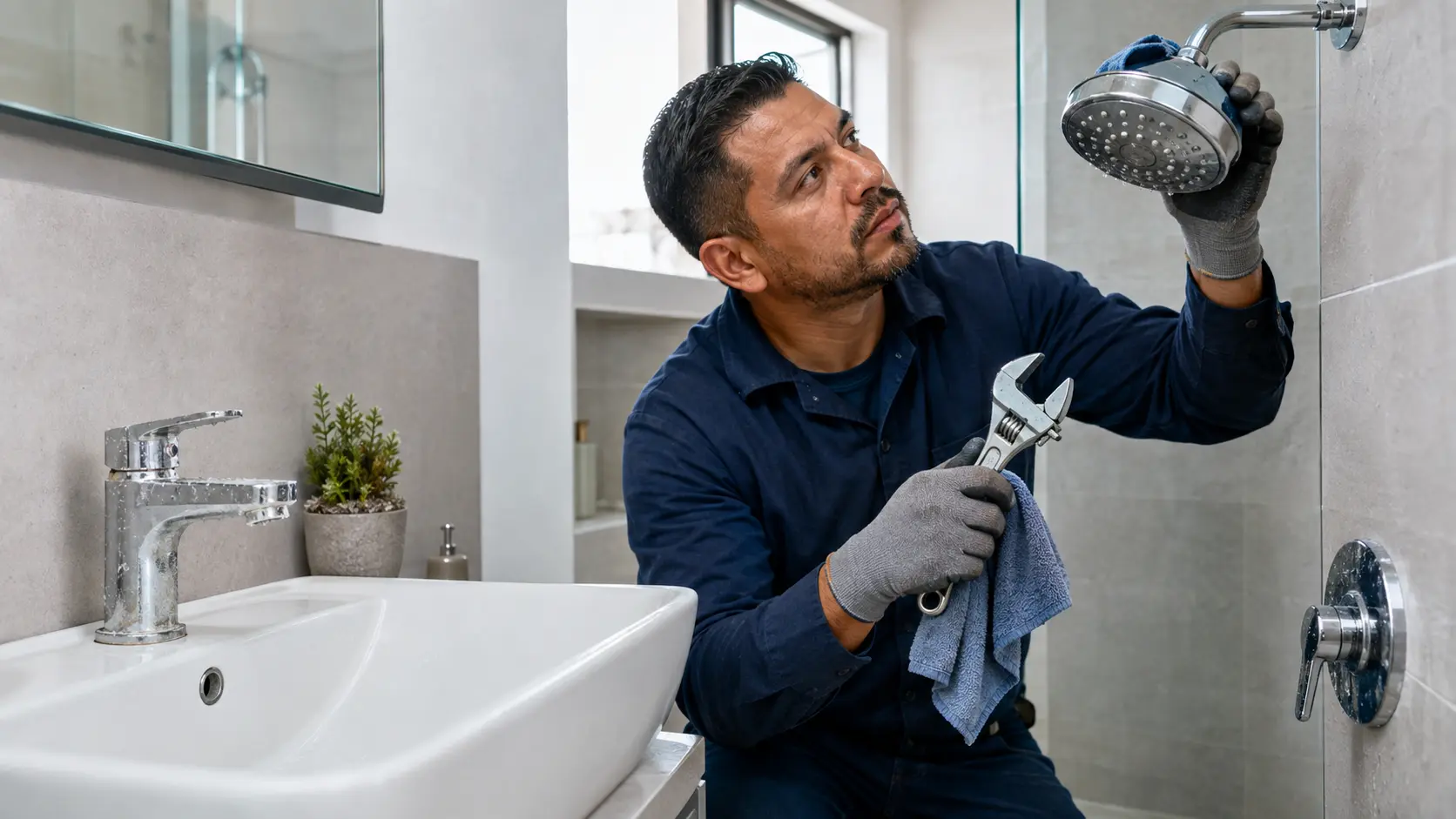 Profesional revisa el lavabo y la regadera para eliminar sarro y detectar fugas