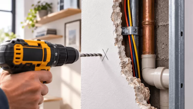 Taladro frente a una pared con cables eléctricos y tuberías ocultas antes de perforar