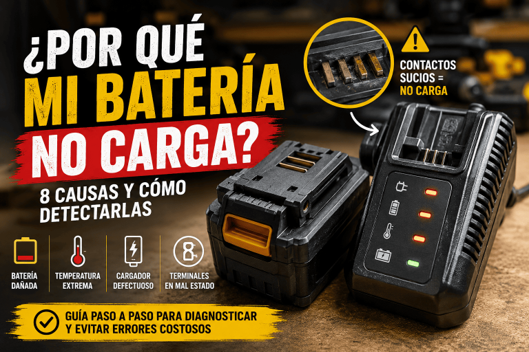 Batería de herramienta que no carga junto a su cargador para diagnosticar posibles fallas