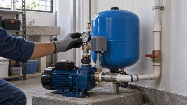 Técnico revisando el manómetro de una bomba de agua con tanque hidroneumático