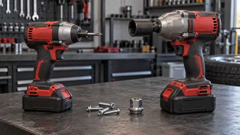Atornillador de impacto y llave de impacto con sus accesorios sobre una mesa de taller