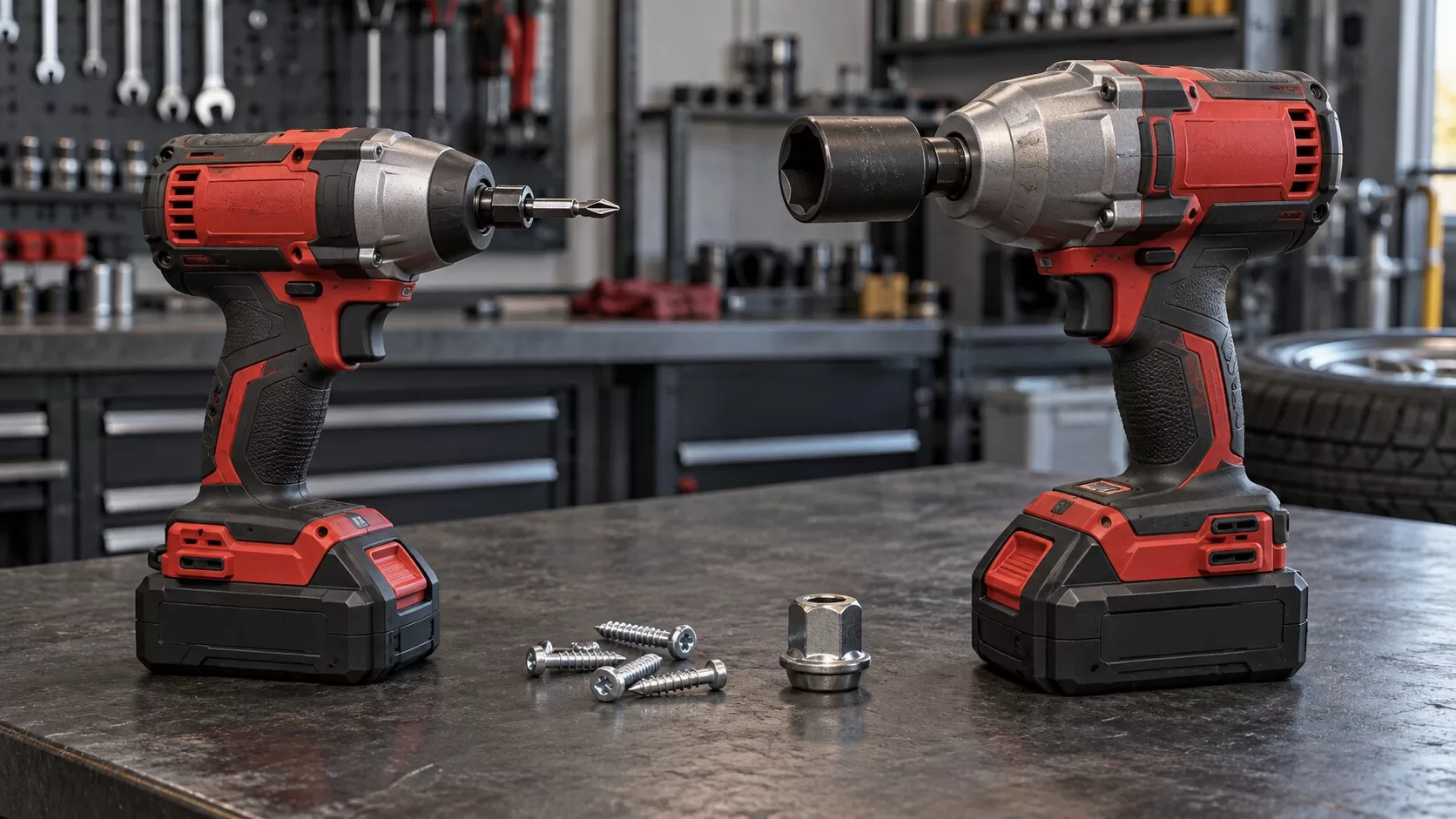 Atornillador de impacto y llave de impacto con sus accesorios sobre una mesa de taller