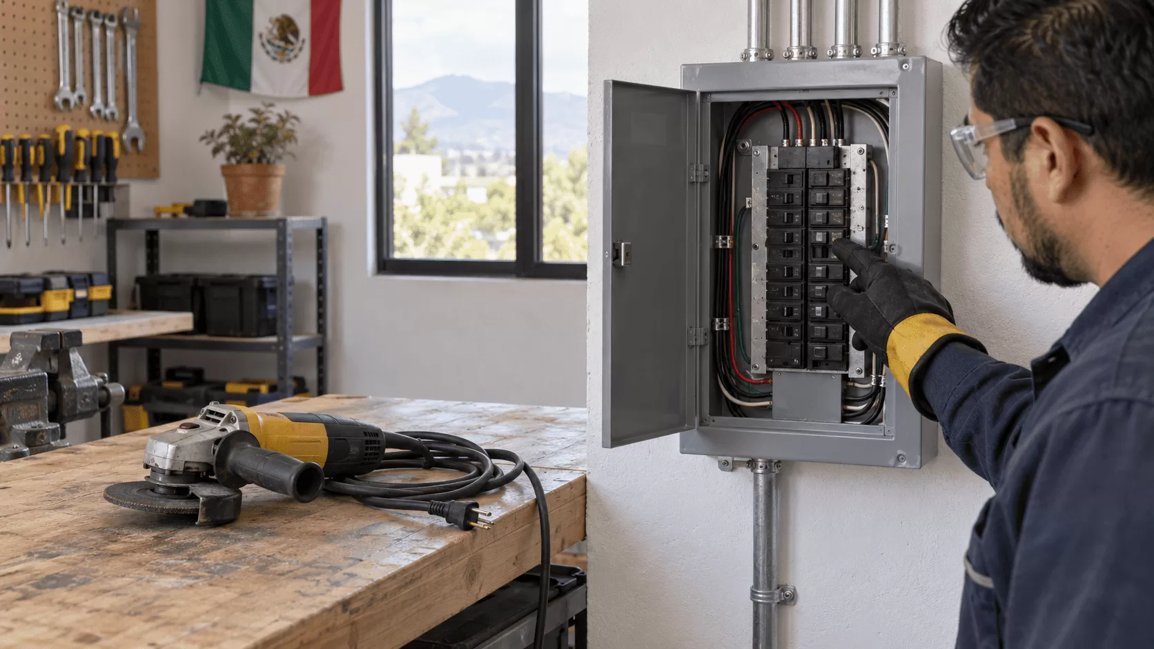 Electricista revisando la pastilla que se bota al conectar una herramienta eléctrica