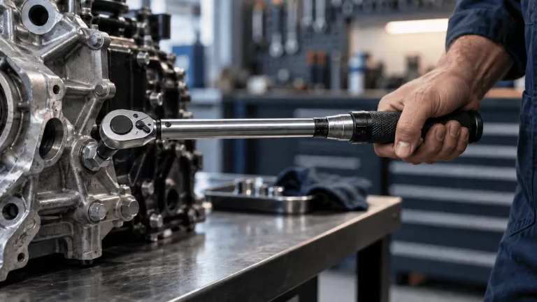 Mecánico aplicando el torque correcto con un torquímetro de clic en un motor