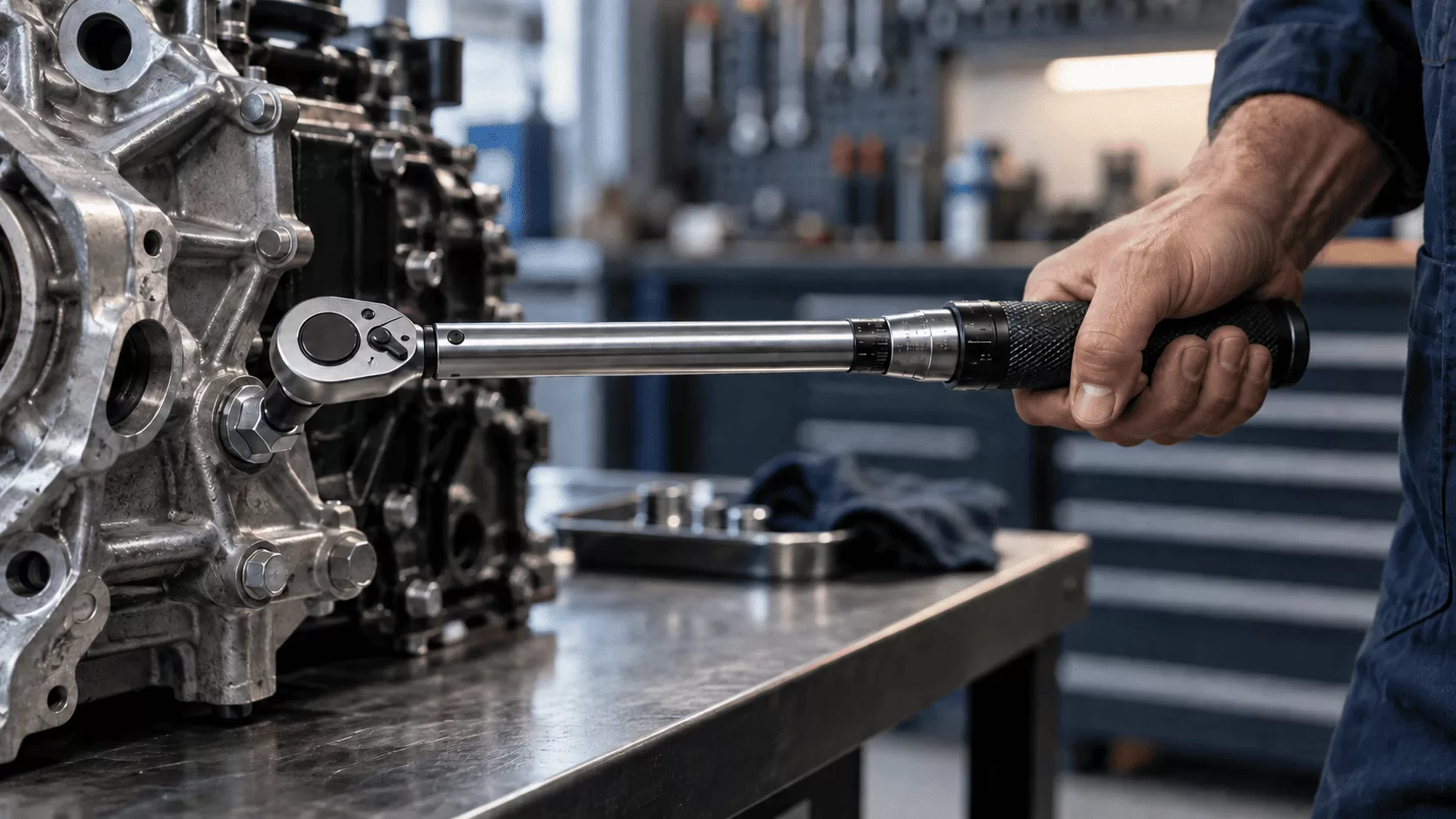 Mecánico aplicando el torque correcto con un torquímetro de clic en un motor